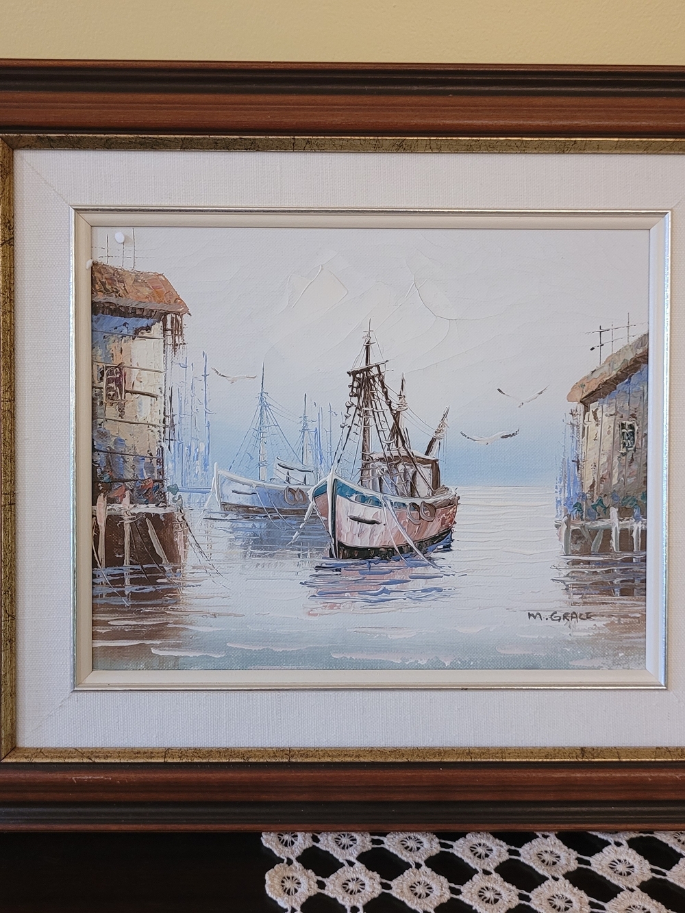 Vintage M. Grace Coastal Boat Painting in Blue and Brown